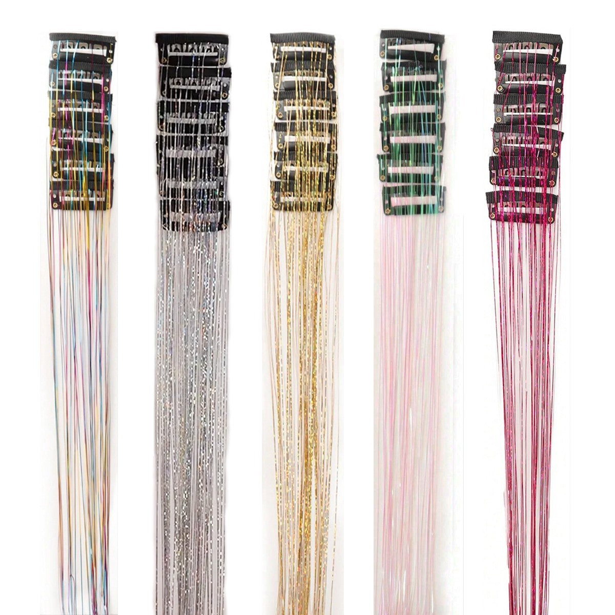 12 unidades/1 pacote 50 cm de extensões de cabelo sintéticas brilhantes, presilhas de cabelo cintilantes para trançar e enfeitar a cabeça de mulheres