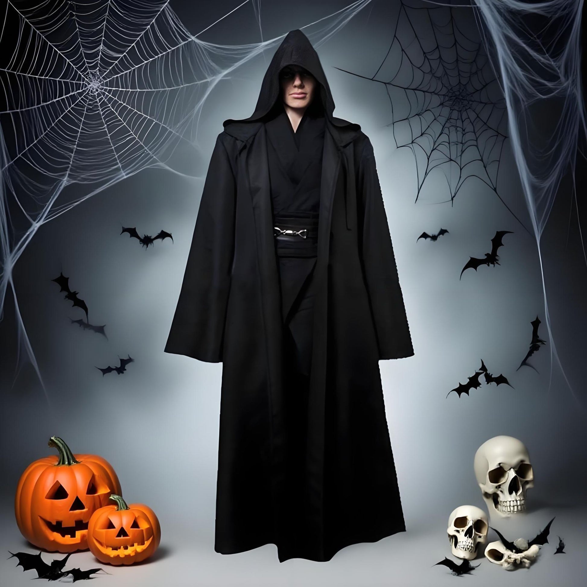 Black Cape Black Cloak Jedi Warrior Costume for Adults, Vampire Cape with Hood, Adult Halloween Cosplay Vampire Christmas Party