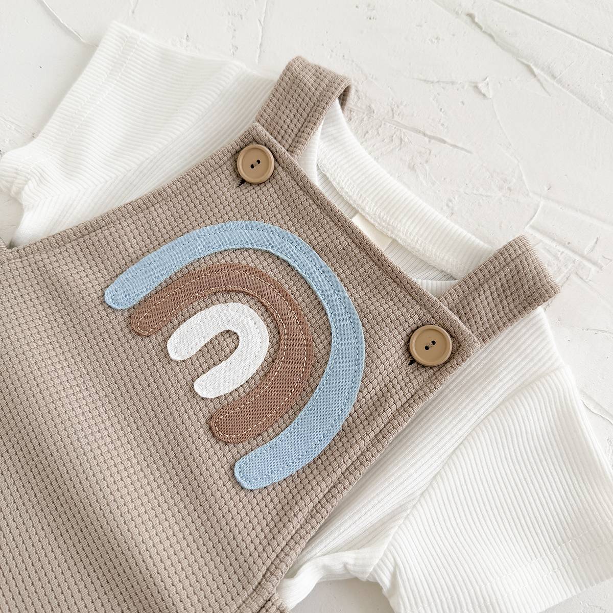 Newborn Baby Boys Clothing Summer Girls Set Waffle Rainbow Patch Overalls Romper Jumpsuit+Short Sleeved Shirt Clothes 2Pcs/Set