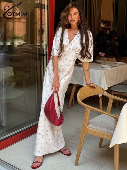 Oymimi Casual White Print Dresses For Woman Fashion V-Neck Batwing Sleeve Dresses Elegant Straight Floor-Length Dress Streetwear
