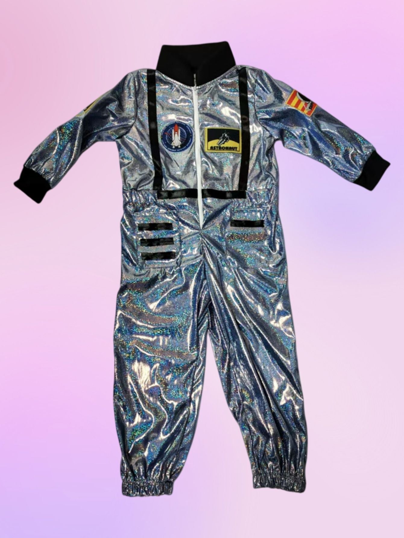 Shimmer silver astronaut jumpsuit with badge decor for kids themed parties and role playing games