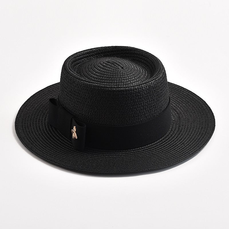 Novos Chapéus de Palha Primavera Verão Femininos de Superfície Ondulada, Topo Reto, Laço, Boné de Vestido, Chapéu de Sol para Viagem e Praia, Gorra