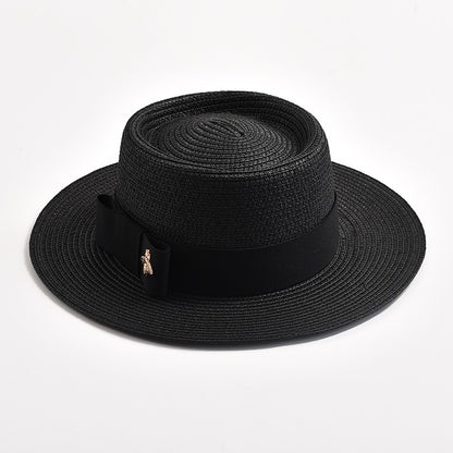 Novos Chapéus de Palha Primavera Verão Femininos de Superfície Ondulada, Topo Reto, Laço, Boné de Vestido, Chapéu de Sol para Viagem e Praia, Gorra