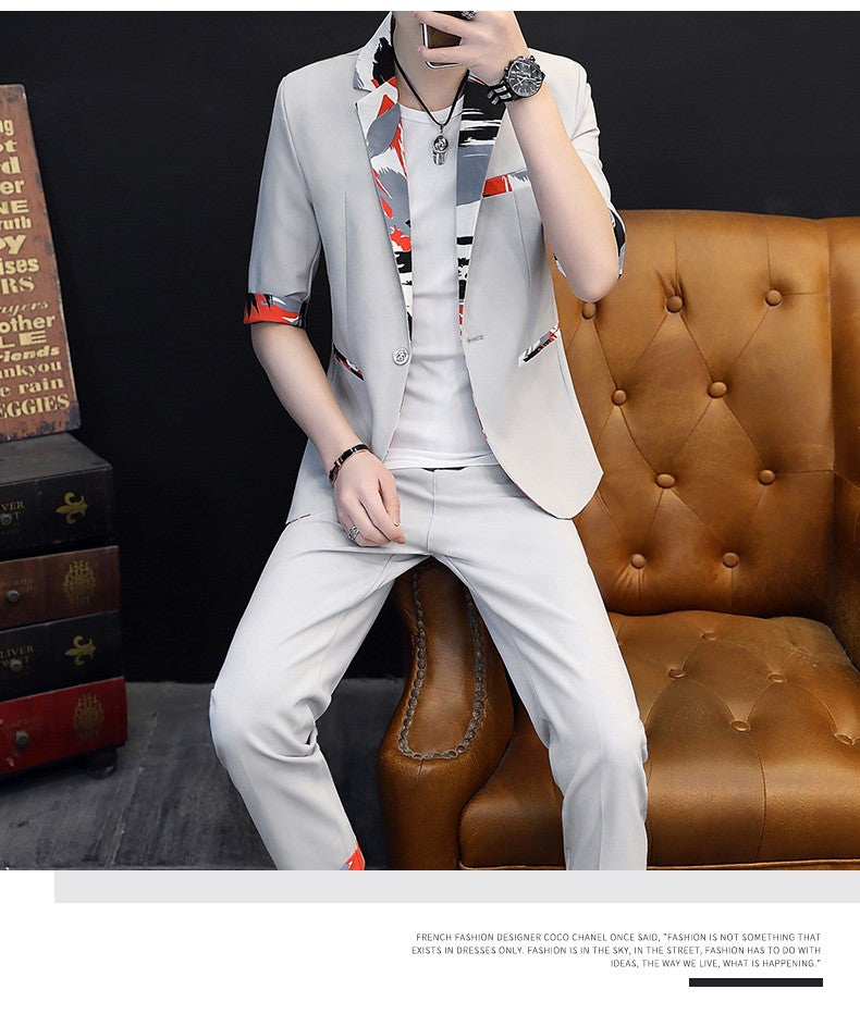 Summer 2025 Korean Slim Fit Short Sleeve Suit Casual Thin British Style Seven-Point Mid-Sleeve Suit for Men