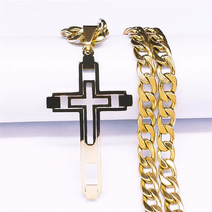 Colares de Aço Inoxidável Cruz Hip Hop 2023 Cor Dourada Colar Longo Pingente para Mulheres/Homens Joias collier homme N6055S05