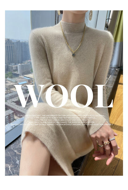 Autumn And Winter 100% Pure Wool Ladies Long Sweater Skirt Semi-High Collar Cashmere Dress Large Knit Bottoming Skirt