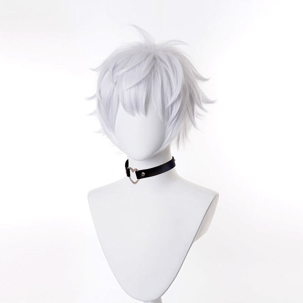 Peruca Sintética Curta Branca Lisa Anime Game Cosplay Resistente ao Calor Fofa Peruca Masculina para Uso Diário e Festas