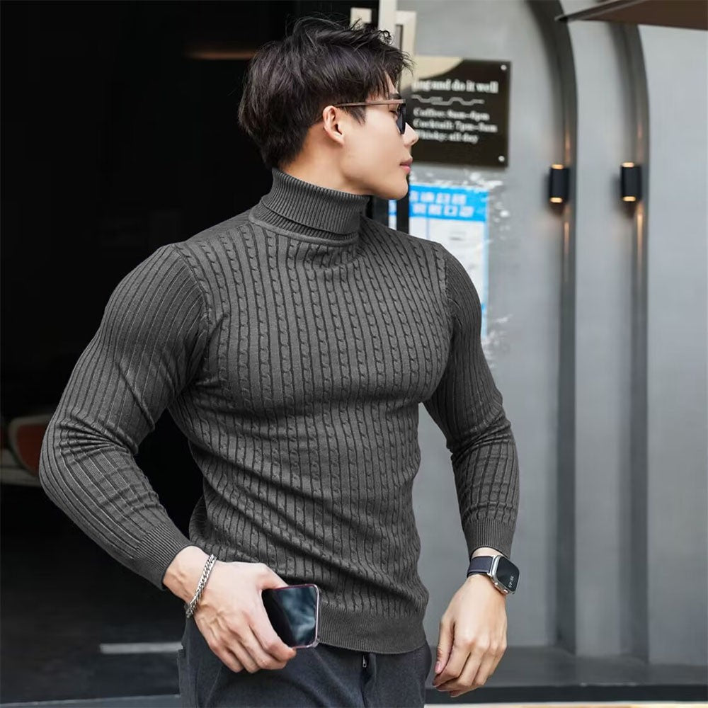 New Men's Turtleneck Sweaters Autumn Knitted Striped Streetwear Warm Long Sleeved Pullover Solid Color Basic Style Casual Tops