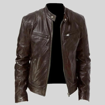 Fashionable Men's Stand Collar Slimming Leather Jacket Zipper Pocket Decorative Pu Leather Motorcycle Coat