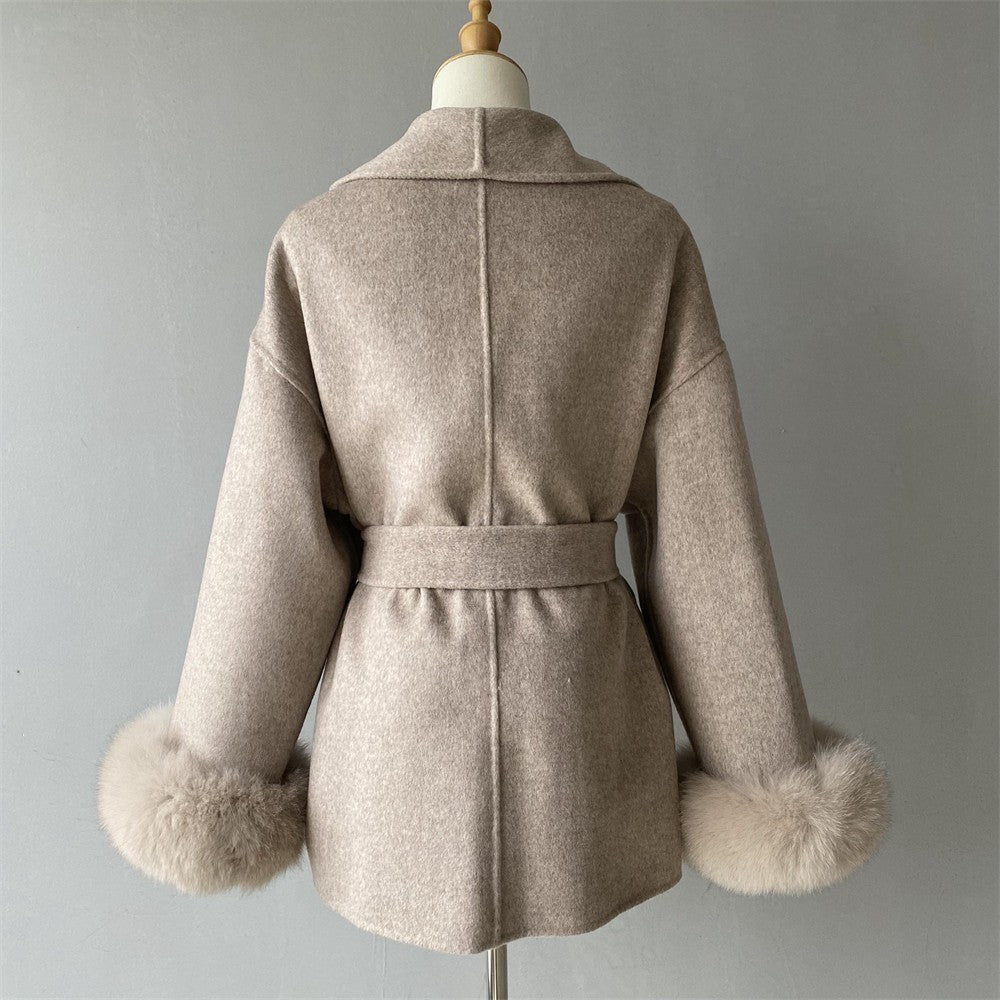 Jxwatcher Women's Wool Coat with Real Fox Fur Cuffs Ladies Elegance Belt Slim Outerwear Fall Winter High-End Wool Coats 2024 New