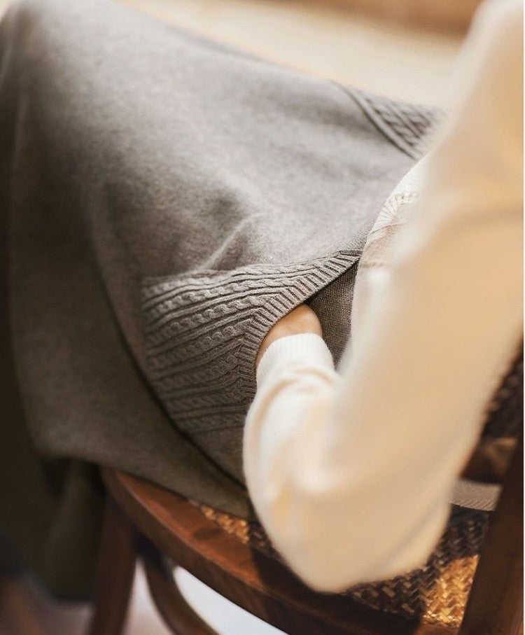 Autumn Winter Women's Mid-Length Knitted Pleated Skirt High Waist A-Line Long Skirt Loose Fuzzy Wool Skirt Double ket