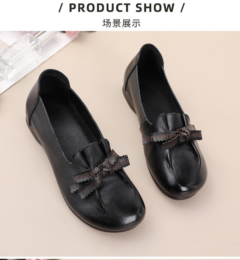 Vintage Plain Oxfords Shoes Women's Genuine Leather Flats Ladies Laced Up Moccasins Elderly Woman Square Toe Driving Loaferss
