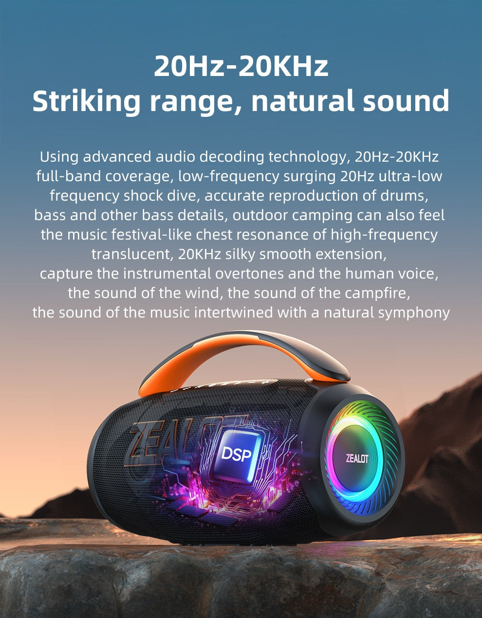 Caixa de Som Portátil Bluetooth Zealot P12 60W com IPX6 à Prova d'Água, Alça Confortável, Iluminação Controlável, TWS, AUX