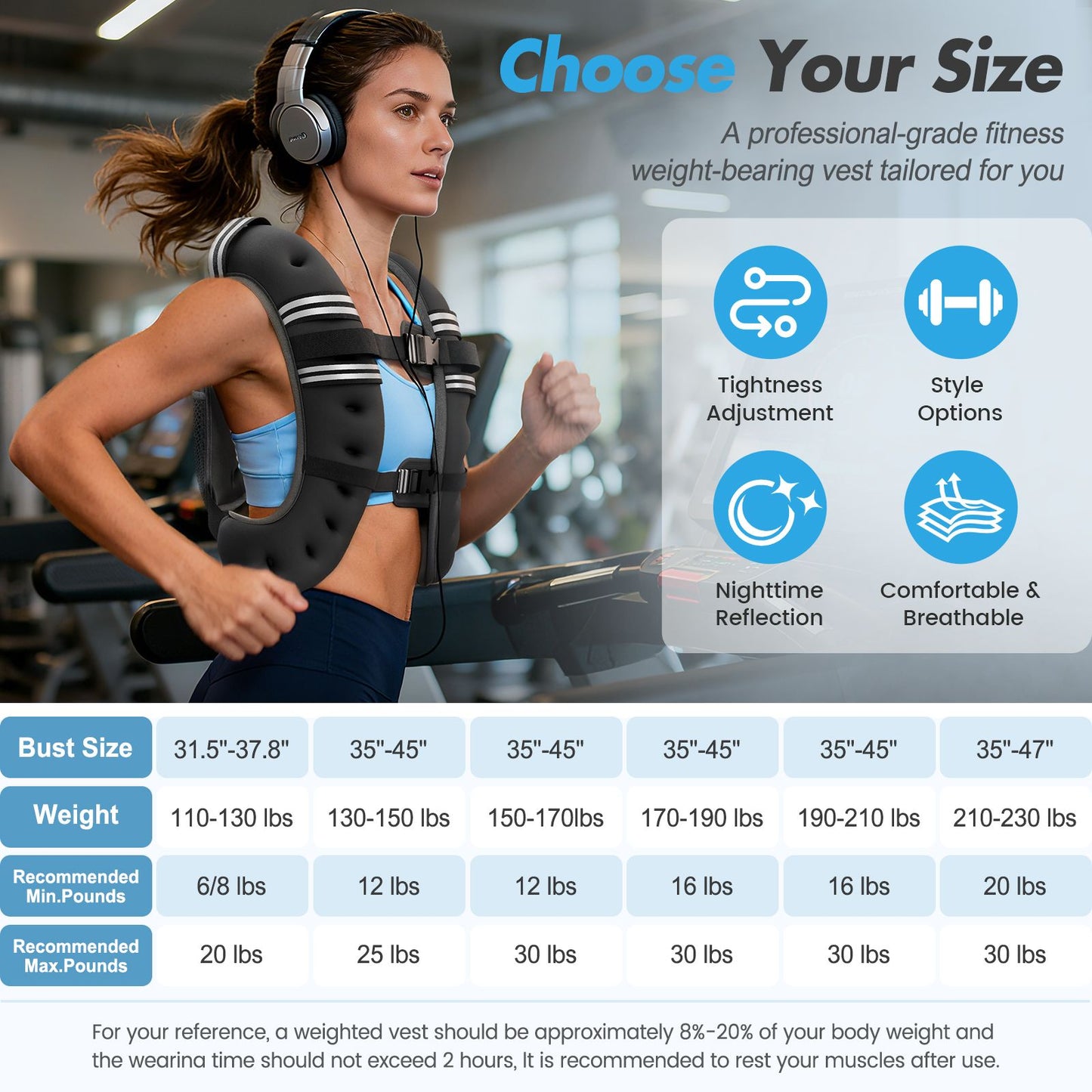 Weighted Vest Fitness 6lb/12lb/18lb/22lb with Reflective Strips Men Women for Workout Strength Training Running Jogging Walking