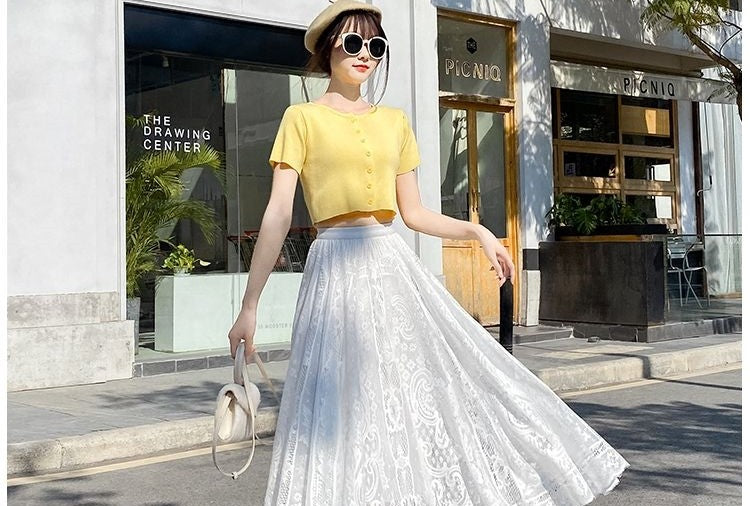 Plus Size plus Size Lace Hollow out f Skirt mid Waist Long Sle Fairy Skirt A-Line Umbrella Skirt Trendy Women's Clothing