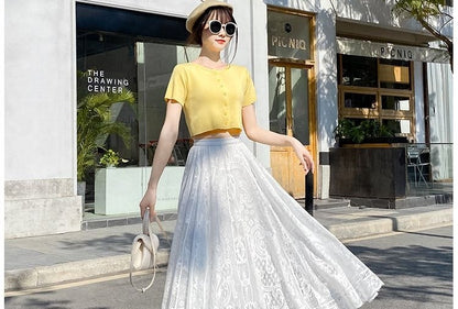 Plus Size plus Size Lace Hollow out f Skirt mid Waist Long Sle Fairy Skirt A-Line Umbrella Skirt Trendy Women's Clothing