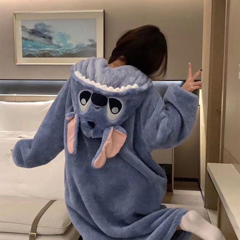 Disney Stitch Winter Pajamas Cartoon Autumn And Winter Cute Coral Thickened Velvet Long Home Clothes Pajamas Girls Home Clothes