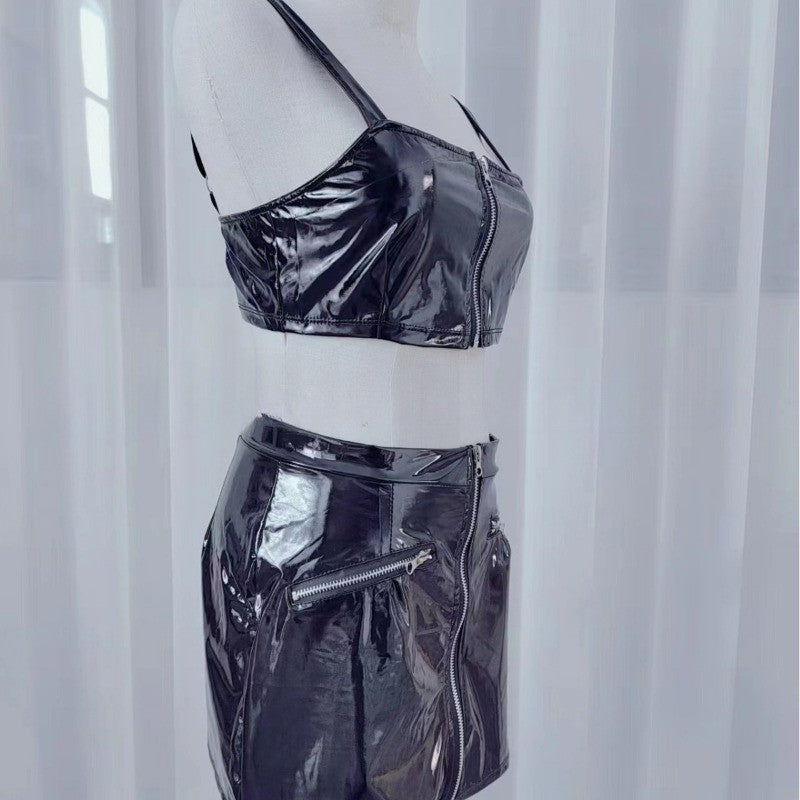 New Sexy Patent Leather Elastic Mini Hip Skirt Nightclub Hot Leather Mini Skirt  Evening Dresses Women Black Skirt