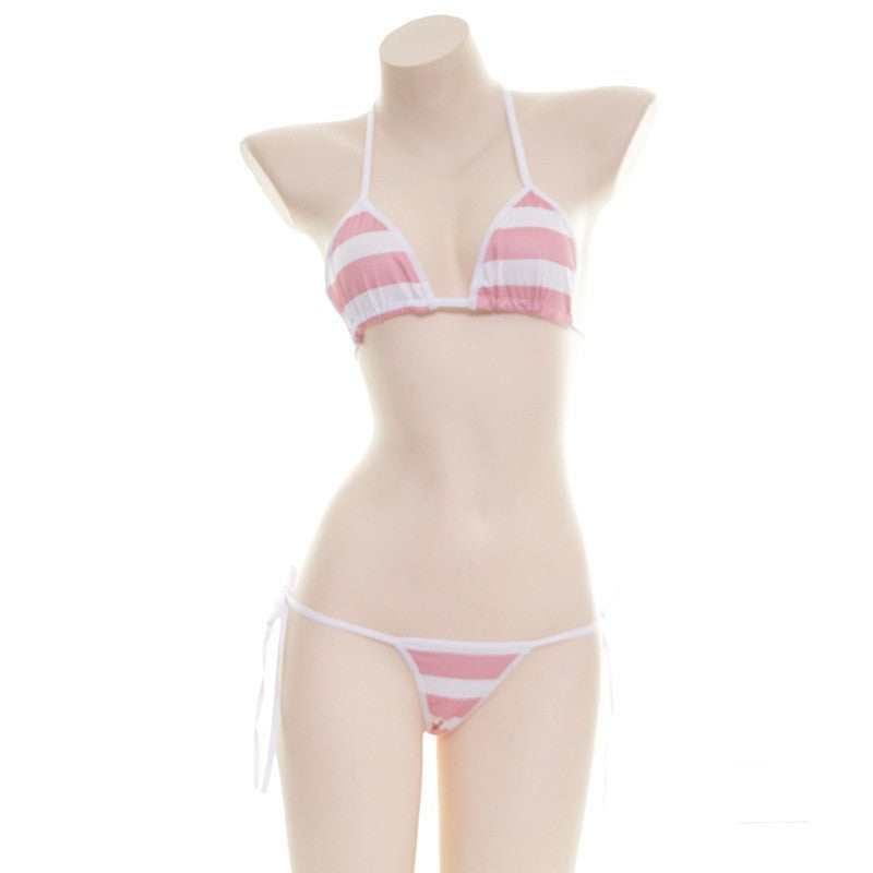2025 Striped Halter Micro Bikini Set Lolita Kawaii Swimsuit Backless String Tied Bathing Suit