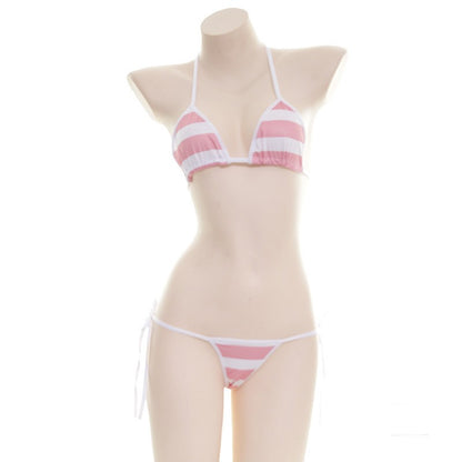 2025 Striped Halter Micro Bikini Set Lolita Kawaii Swimsuit Backless String Tied Bathing Suit