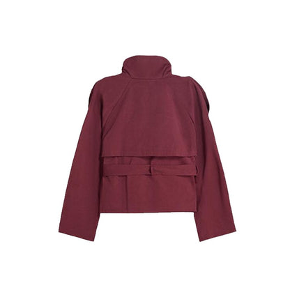 Belted Waist Cropped Trench Double Breasted Stand Collar 2025 Autumn Chic Elegant Women Coat Casual Vintage Office Lady Jacket