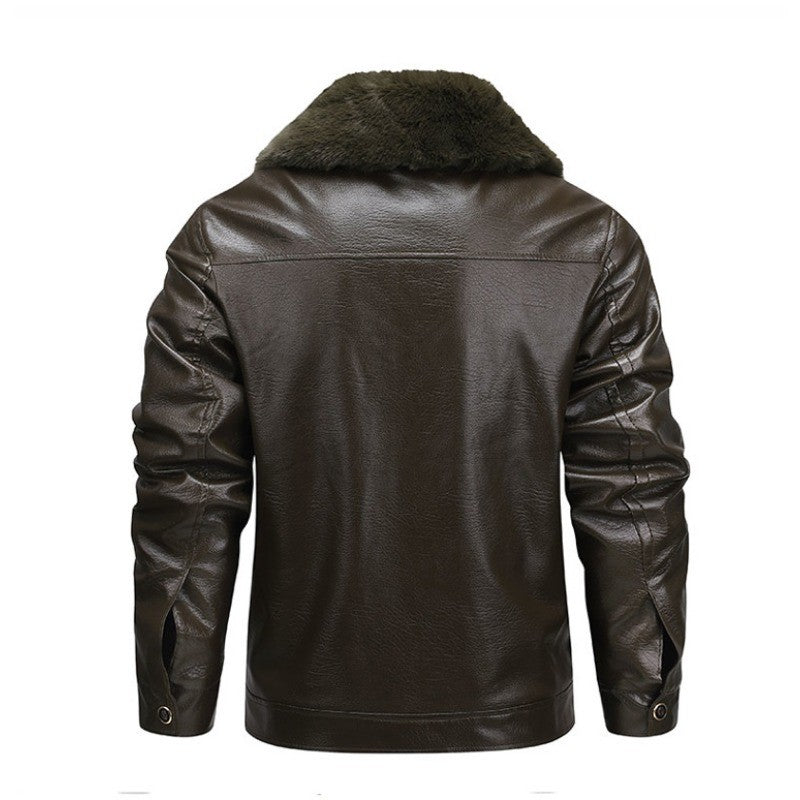 Winter Men Fleece Motor Biker Leather Jacket Man Lapel Thick Outwear Leather Coat Man Vintage Formal Fashion Leather Windbreaker