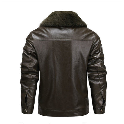 Winter Men Fleece Motor Biker Leather Jacket Man Lapel Thick Outwear Leather Coat Man Vintage Formal Fashion Leather Windbreaker