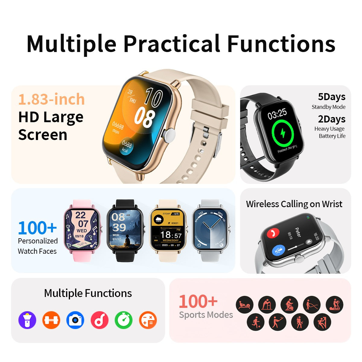 New Smartwatch BT Call Health&Sleep Monitoring 1.83''HD Screen Kids Smart Watch Waterproof Fashoin Sports Bracelet For Women Men