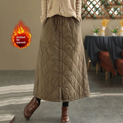 Retro Warm Cotton Quilted Long Midi Skirt High Waist A-Line Skirt for Middle-Aged And ly Women Diamond Patterned f Skirt