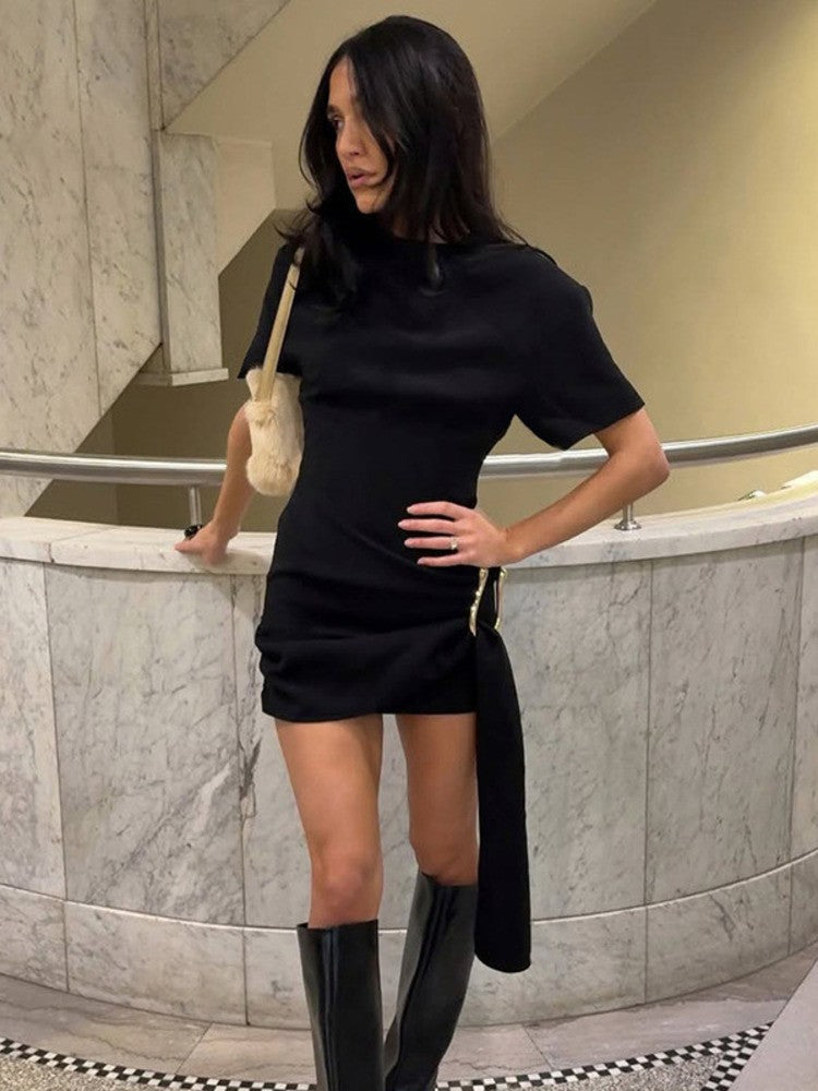 Mozision Short Sleeve Draped Sexy Mini Dress For Women Black Metal Buckle O Neck