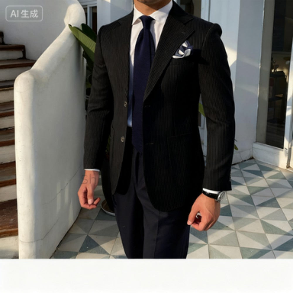 Summer Seersucker 2-Piece Men's Blue Striped Blazer Suit with Notched Lapel Casual Wedding Fine Fit Trousers Male Fashion