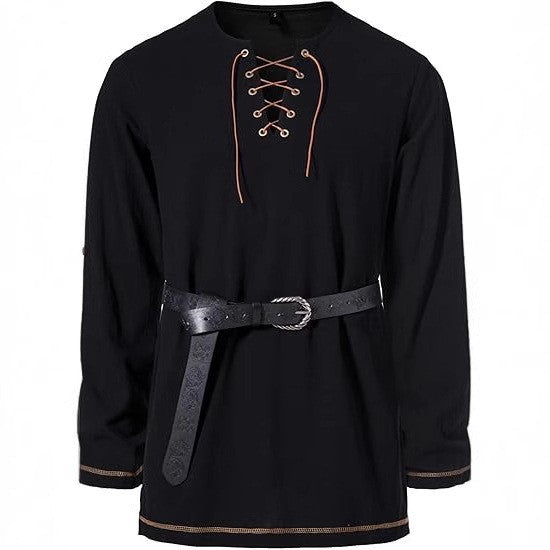 Men's Medieval Lace Up Tunic Shirt Renaissance Viking Pirate Costume Long Sleeve Retro Tops with Belt for Halloween Cosplay