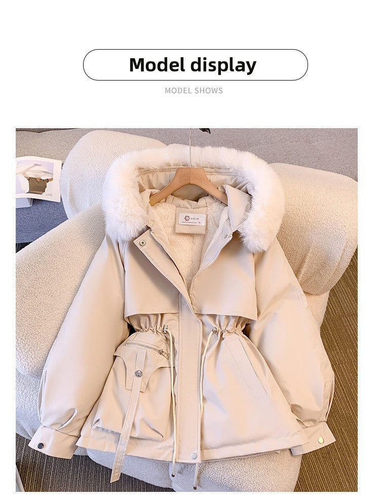 Fleece Lined Hood Down Jacket Winter Coat for Women Warm Drawstring Padded Parkas Korean Casual Streetwear Female Puffer Outwear