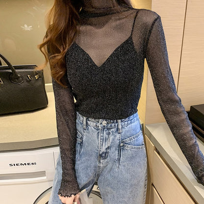Spring Summer Women's Sexy See Through Mesh Blouse Long Sleeve Transparent Shining Elegant Shirt Fashion Women Tops 2025