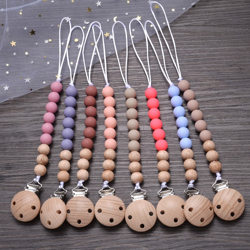 Handmade Beech Wood Baby Pacifier Chain Round Silicone Beads Infant Appease Soother Clips Anti-Drop Dummy Holder Nipple Clip