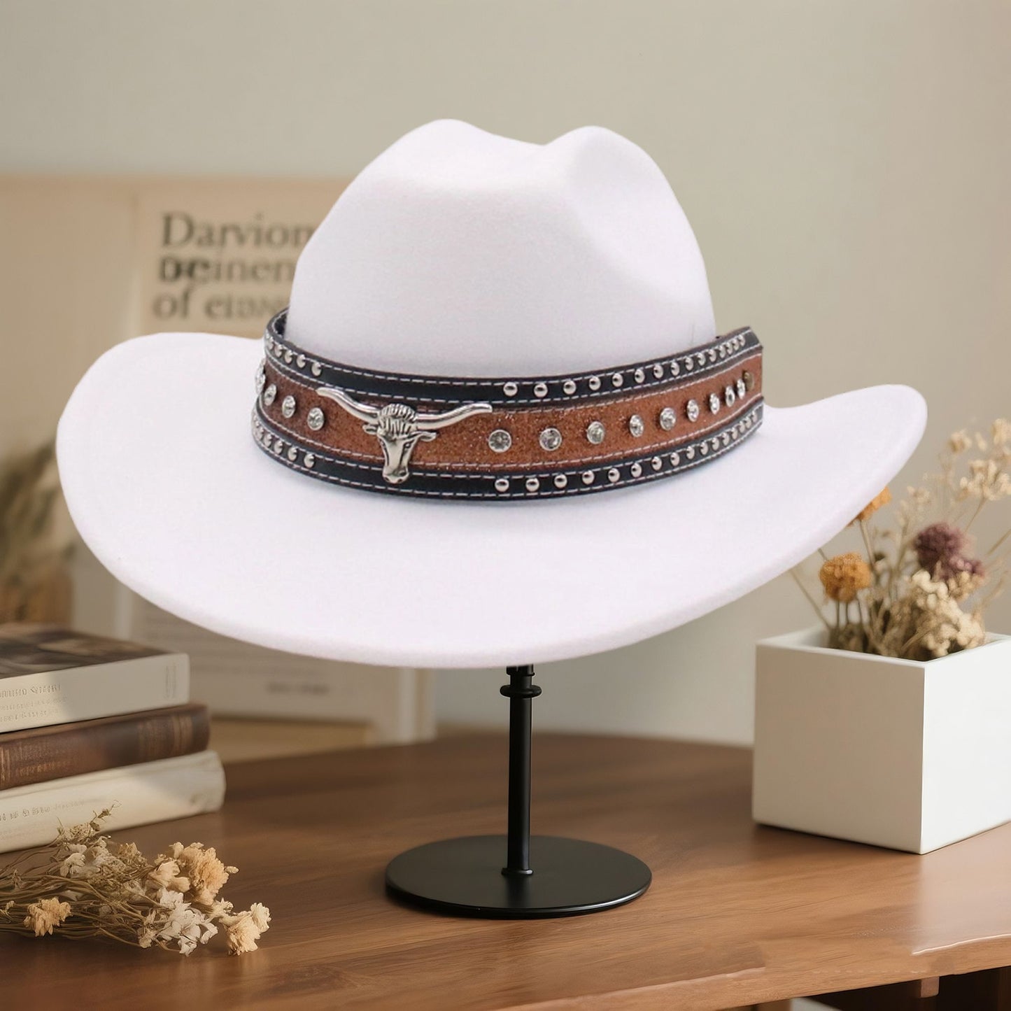 Fashionable Wide Brim Hat with Rhinestone Bull Belt - Trendy Cowgirl Cap for Men and Women Perfect for Outdoor Activities