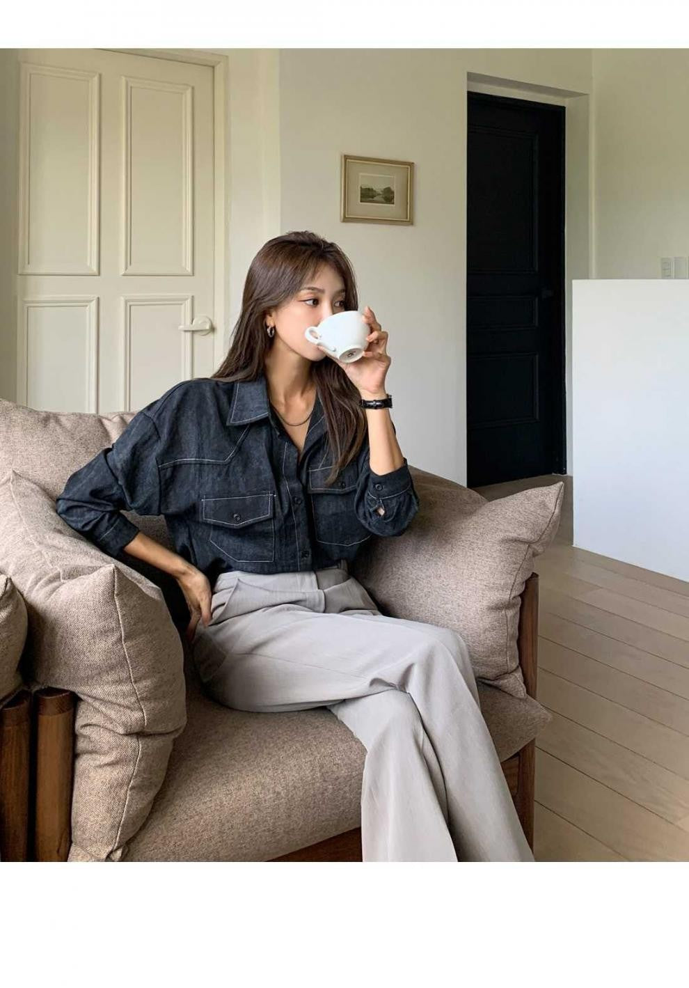 Loose Long Sleeve Casual Denim Shirt Korean Style Loose Fit Shoulder Casual Shirt Pure Color Shirt City Style Commute Shirt