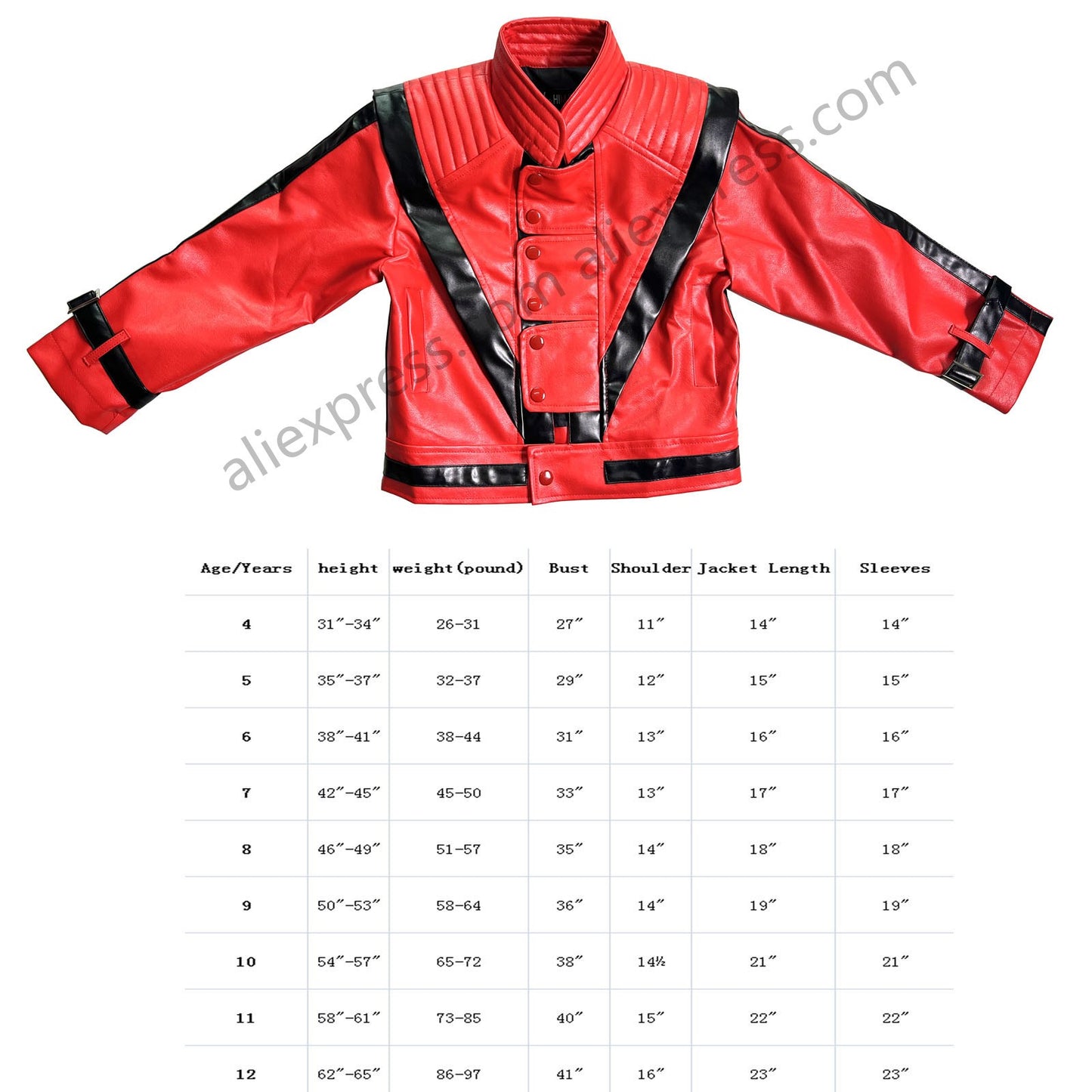 Michael Joseph Jackson Leather Red Thrilling Jacket, Suitable for 5-12 Year Boys Girls Kids ,Halloween Birthday Gift,