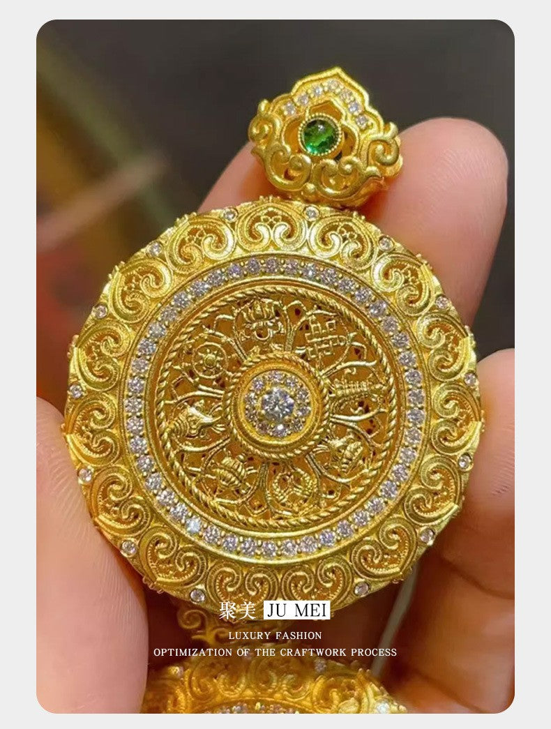 Gold shop 9999 24K real gold Chinese large rotating filigree Ruyi dot diamond eight treasure compass pendant weaving rope