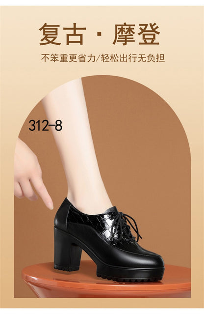 Deep Mouth Soft Leather Shoes Women Oxfords Platform Pumps High Heels Shoes Black Lace up Office Work Pumps Shoes Comfortable