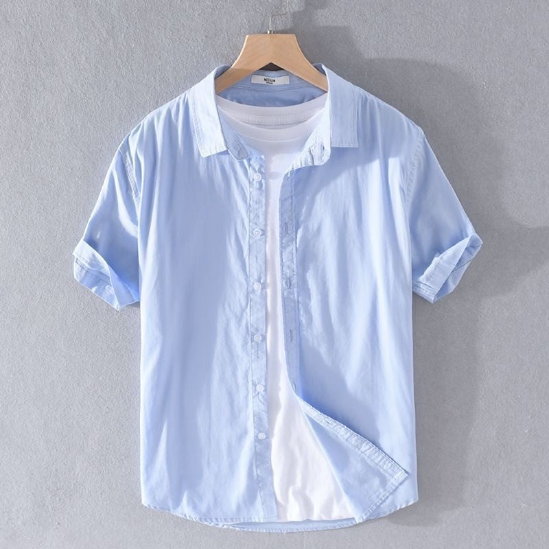 High Quality Cotton Linen Men's Summer Fashion Shirt Solid Color Simple Casual Short Sleeve Blouses Basic Thin Breathable Tops