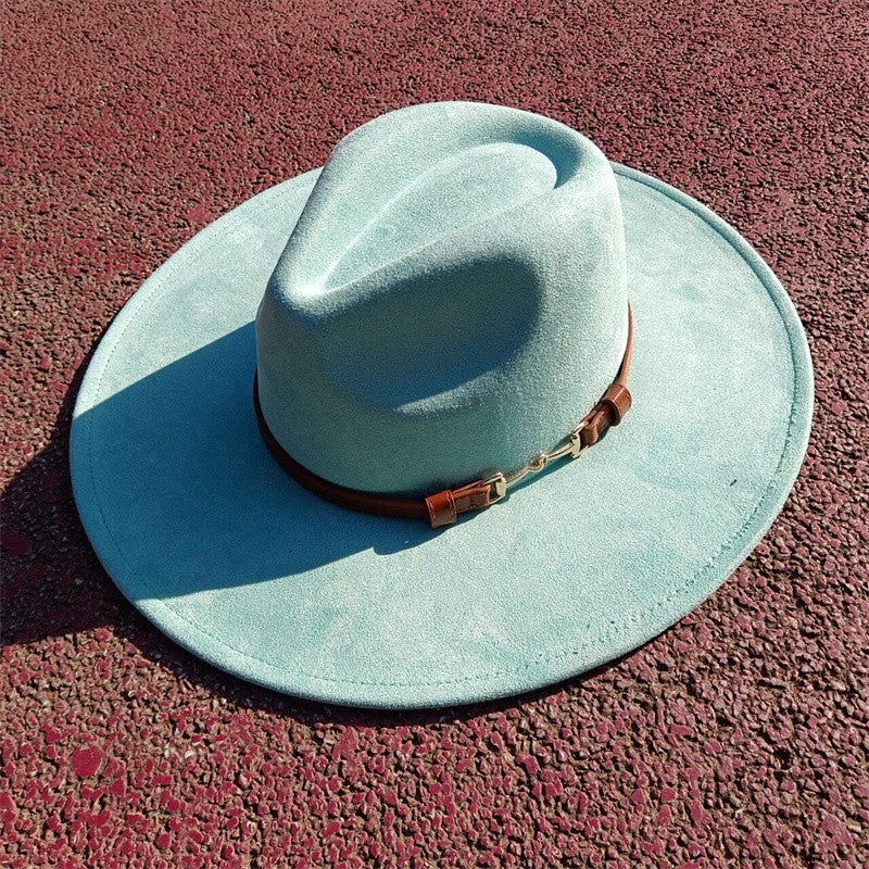Suede fedora hat with same color accessories teardrop top wide brim hat for men and women Panama hat chapeau homme   sombrero