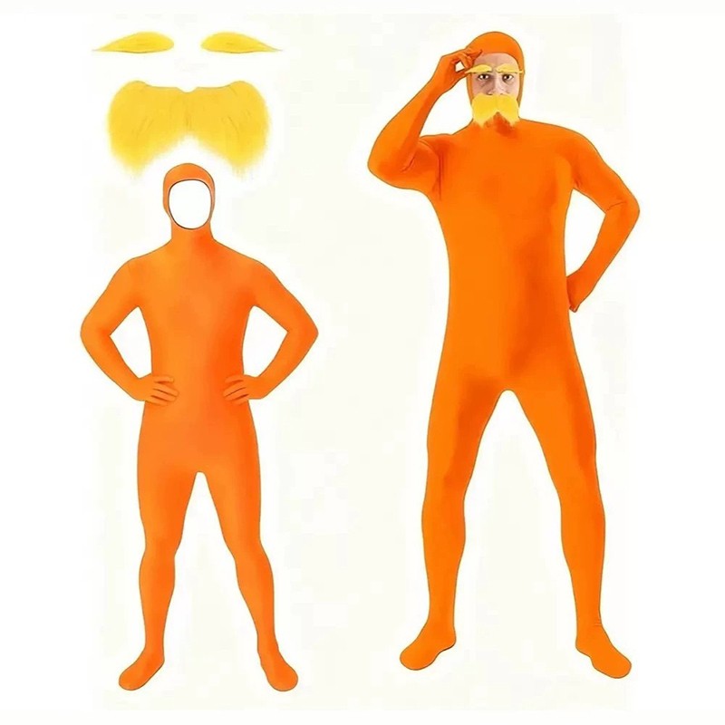 Halloween Orange Zentai Suit Open Face Full Body Bodysuit with Yellow Mustache Eyebrow for Adult Kid Cosplay Party Costume