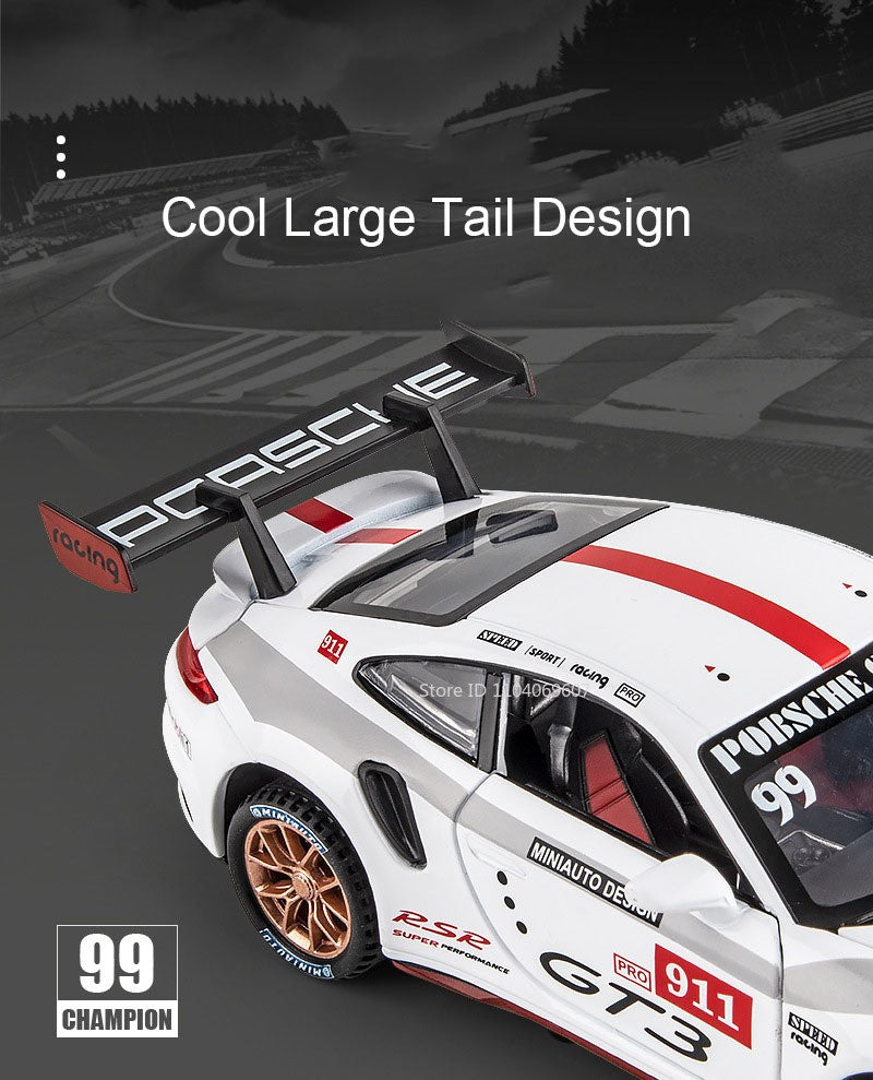 1:32 911 GT3 RSR Miniature Sports Car Model Toys Alloy Diecast Vehicles 4 Doors Opened Pull Back Sound Light Supercar Boys Gifts