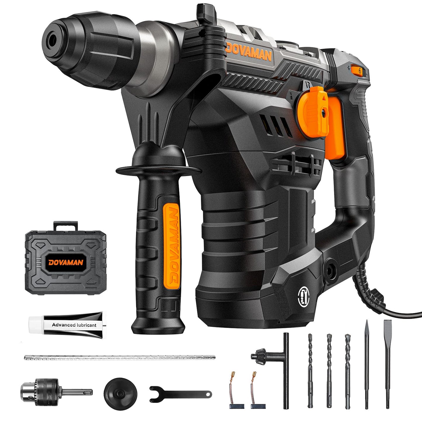 DOVAMAN Martelete Rotativo SDS-Plus 1-9/16", Furadeira de Impacto 12,5A, Embreagem de Segurança, Controle de Vibração, para Concreto