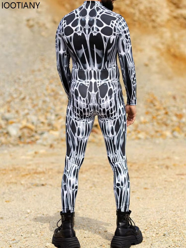 Unisex Sexy Black White Graphic Print Jumpsuit Halloween Line Art Muscle Cosplay Bodysuit Holiday Party Zentai Suit Rave Catsuit