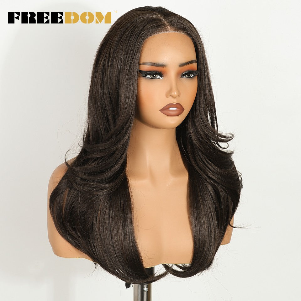 FREEDOM Perucas de Renda Sintéticas Frontais para Mulheres 20 Polegadas Ombré Loira Ondulada em Camadas Peruca 6X4 Pré-aparada Pronta para Usar Perucas de Renda sem Cola