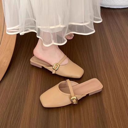 New Summer New French Gentle Baotou Half Slippers Women Casual Versatile Flat Bottom Shallow Mouth Single Shoes For Women