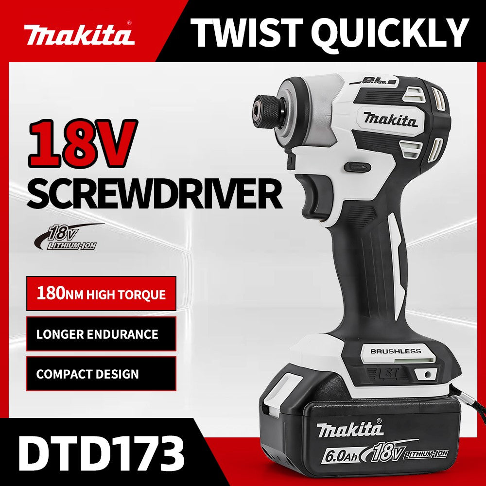Parafusadeira de impacto Makita DTD173 18V sem escova, branca, para melhorias domésticas e projetos de bricolagem, 180 Nm, modo elétrico de madeira/parafuso/T