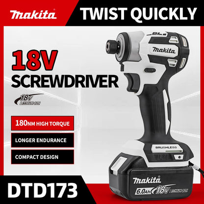 Parafusadeira de impacto Makita DTD173 18V sem escova, branca, para melhorias domésticas e projetos de bricolagem, 180 Nm, modo elétrico de madeira/parafuso/T